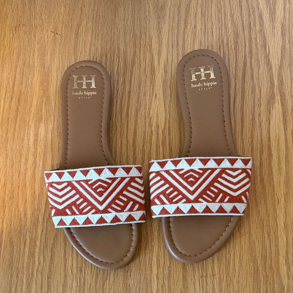 Haute Hippie Tan Slides With Rust And White Geometric Strap